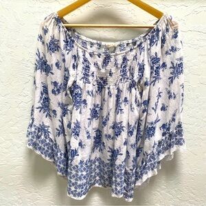 Peach Love California Off Shoulder Top Floral Blue Boho Festival Sz Large